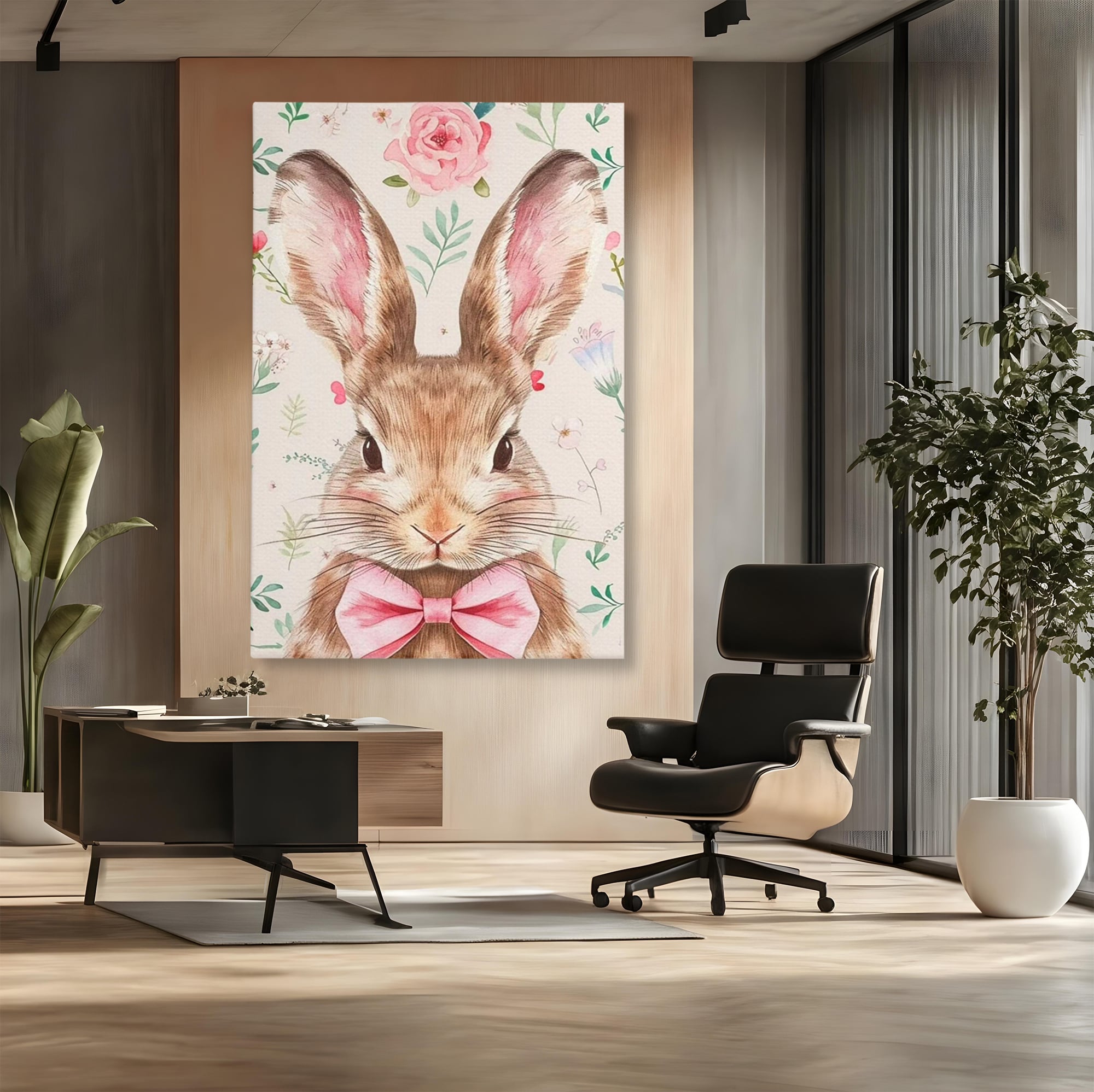Tablou canvas cu tablou canvas cu iepure dandy, fara rama, pe sasiu de lemn, pe perete intr-un birou